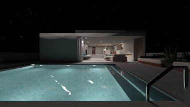 Oturma odasının gece görüşlü 3D görüntüsü