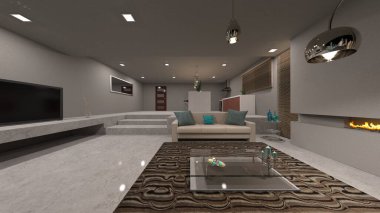 Oturma odasının gece görüşlü 3D görüntüsü