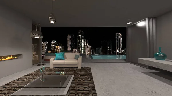 Rendering Living Room Night View — Fotografia de Stock