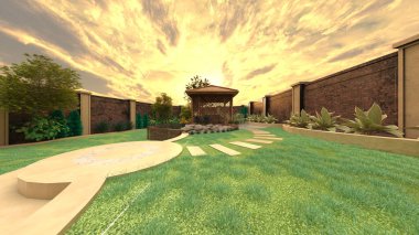 Yüzme havuzlu bahçenin 3 boyutlu görüntüsü