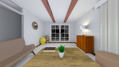 Oturma odasının gece görüşlü 3D görüntüsü