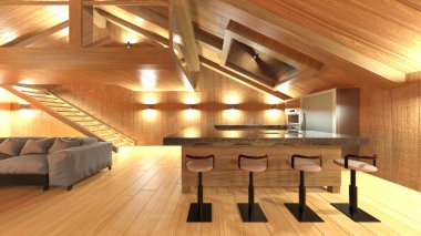 Oturma odasının şömineli 3D görüntüsü.