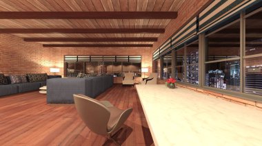 Oturma odasının gece görüşlü 3D görüntüsü