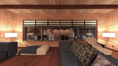 Oturma odasının gece görüşlü 3D görüntüsü