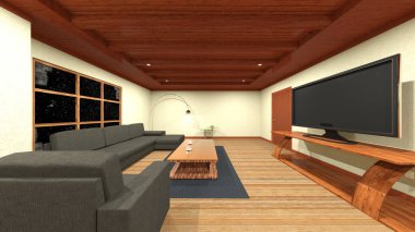 Oturma odasının gece görüşlü 3D görüntüsü