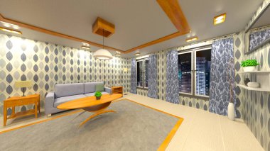 Oturma odasının gece görüşlü 3D görüntüsü