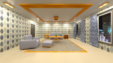 Oturma odasının gece görüşlü 3D görüntüsü