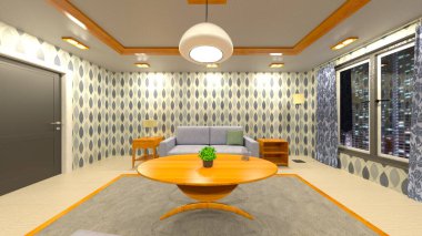 Oturma odasının gece görüşlü 3D görüntüsü