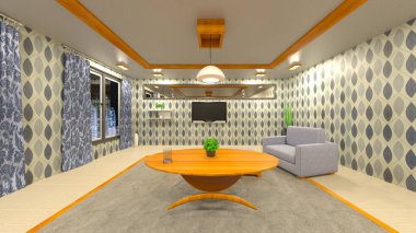 Oturma odasının gece görüşlü 3D görüntüsü