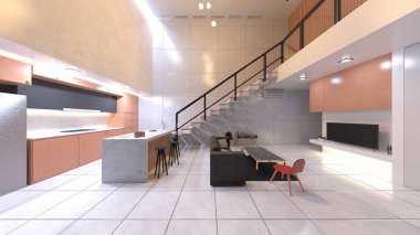 Oturma odası ve yemek mutfağının 3 boyutlu canlandırması