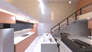 Oturma odası ve yemek mutfağının 3 boyutlu canlandırması