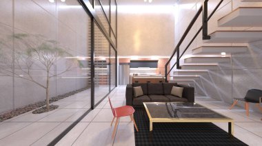 Oturma odası ve yemek mutfağının 3 boyutlu canlandırması