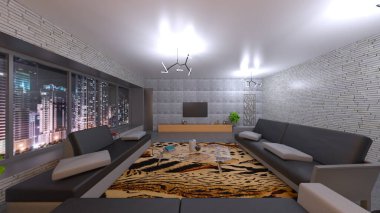 Oturma odasının gece görüşlü 3D görüntüsü