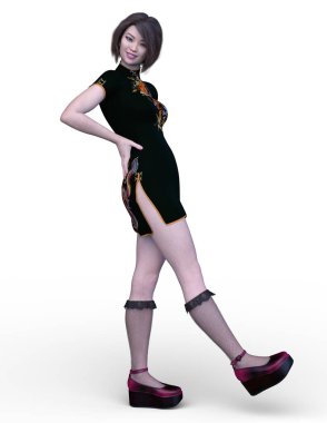 Mandarin giysili bir kadının 3D görüntüsü