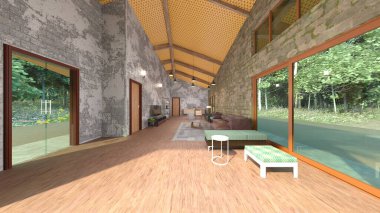 Büyük pencereli oturma odasının 3B görüntüsü