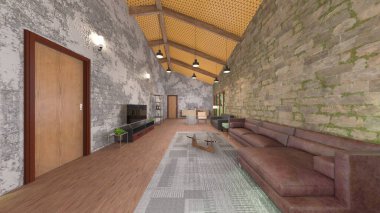 Büyük pencereli oturma odasının 3B görüntüsü