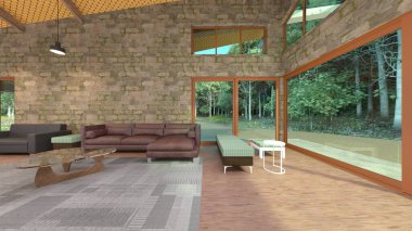 Büyük pencereli oturma odasının 3B görüntüsü