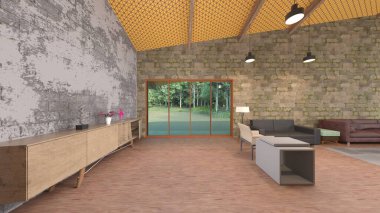 Büyük pencereli oturma odasının 3B görüntüsü