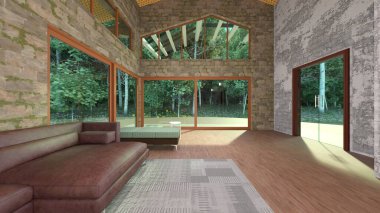 Büyük pencereli oturma odasının 3B görüntüsü