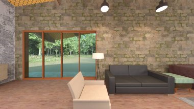 Büyük pencereli oturma odasının 3B görüntüsü