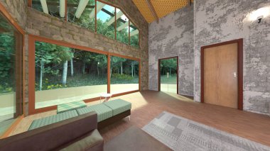 Büyük pencereli oturma odasının 3B görüntüsü