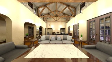 Büyük piyanolu oturma odasının 3 boyutlu canlandırması