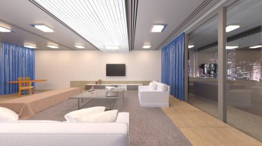 Oturma odasının gece görüşlü 3D görüntüsü