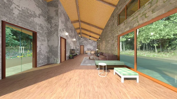 Büyük pencereli oturma odasının 3B görüntüsü