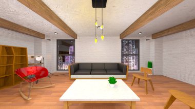 Oturma odasının gece görüşlü 3D görüntüsü