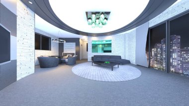 Oturma odasının gece görüşlü 3D görüntüsü