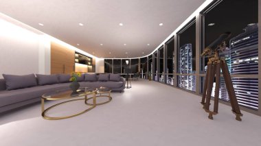 Yemek odasının gece görüşlü 3D görüntüsü.