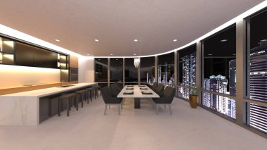 Yemek odasının gece görüşlü 3D görüntüsü.