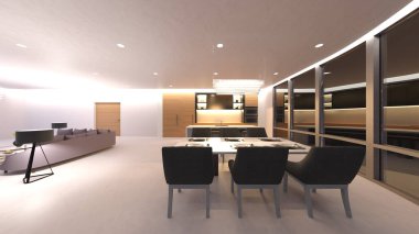 Yemek odasının gece görüşlü 3D görüntüsü.