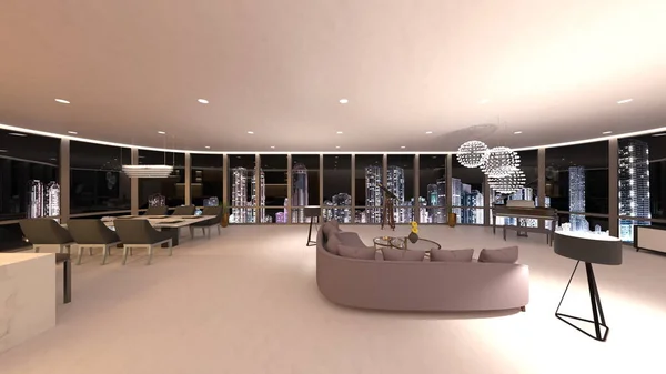 带夜景的餐厅3D渲染 — 图库照片