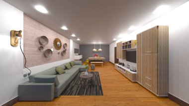 Oturma odasının ve yemek mutfağının gece görüşlü 3 boyutlu görüntüsü.