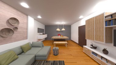 Oturma odasının ve yemek mutfağının gece görüşlü 3 boyutlu görüntüsü.