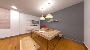 Oturma odasının ve yemek mutfağının gece görüşlü 3 boyutlu görüntüsü.