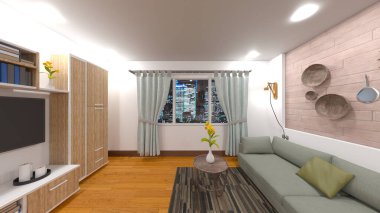 Oturma odasının ve yemek mutfağının gece görüşlü 3 boyutlu görüntüsü.