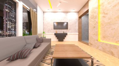 Yemek odasının gece görüşlü 3D görüntüsü.