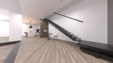 Oturma odasının ve yemek mutfağının gece görüşlü 3 boyutlu görüntüsü.