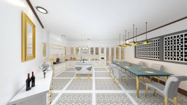 Oturma odası ve yemek mutfağının 3 boyutlu canlandırması