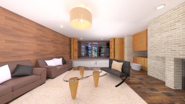 Oturma odasının gece görüşlü 3D görüntüsü