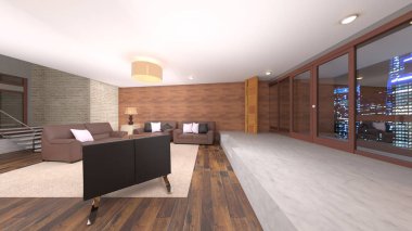 Oturma odasının gece görüşlü 3D görüntüsü