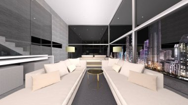 Oturma odasının gece görüşlü 3D görüntüsü