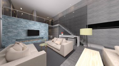 Oturma odasının gece görüşlü 3D görüntüsü