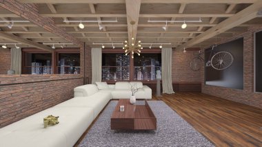 Oturma odasının gece görüşlü 3D görüntüsü