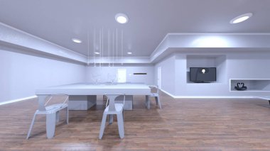 Oturma odasının beyaz renk şemalı 3B görüntülemesi