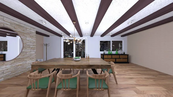 Rendering Dining Room Night View — Stock Photo, Image