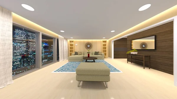 Rendering Living Room Night View — 图库照片