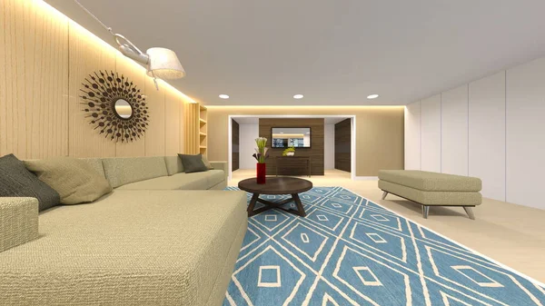 3D rendering of the living room with night view